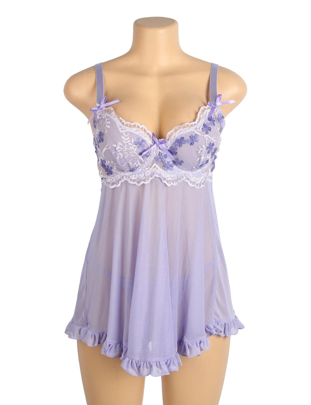 Purple Mesh Babydoll with 3D Floral Embroidery, Bow Accent, Ruffled Hem, Self - Lifting Bust & T - Pants Set - TeaseFashion