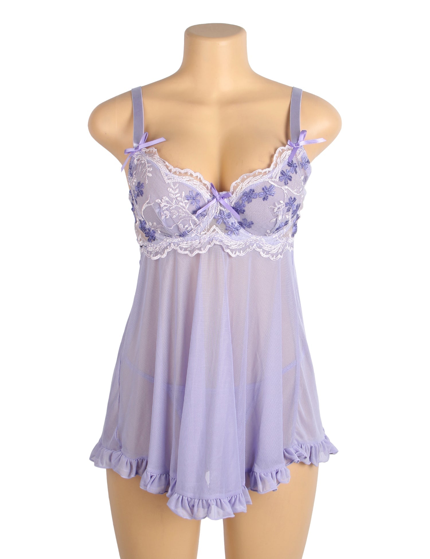 Purple Mesh Babydoll with 3D Floral Embroidery, Bow Accent, Ruffled Hem, Self - Lifting Bust & T - Pants Set - TeaseFashion