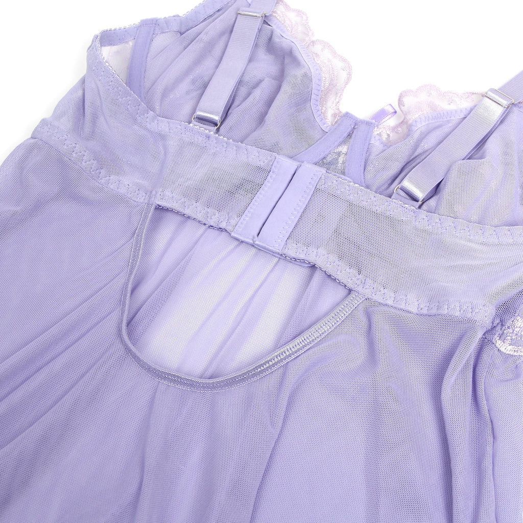 Purple Mesh Babydoll with 3D Floral Embroidery, Bow Accent, Ruffled Hem, Self - Lifting Bust & T - Pants Set - TeaseFashion