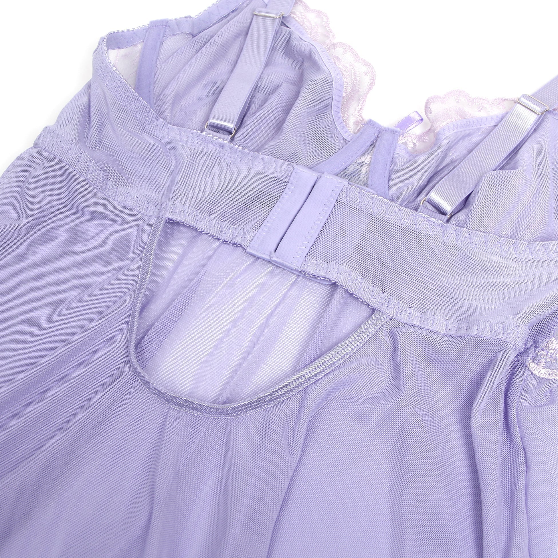 Purple Mesh Babydoll with 3D Floral Embroidery, Bow Accent, Ruffled Hem, Self - Lifting Bust & T - Pants Set - TeaseFashion