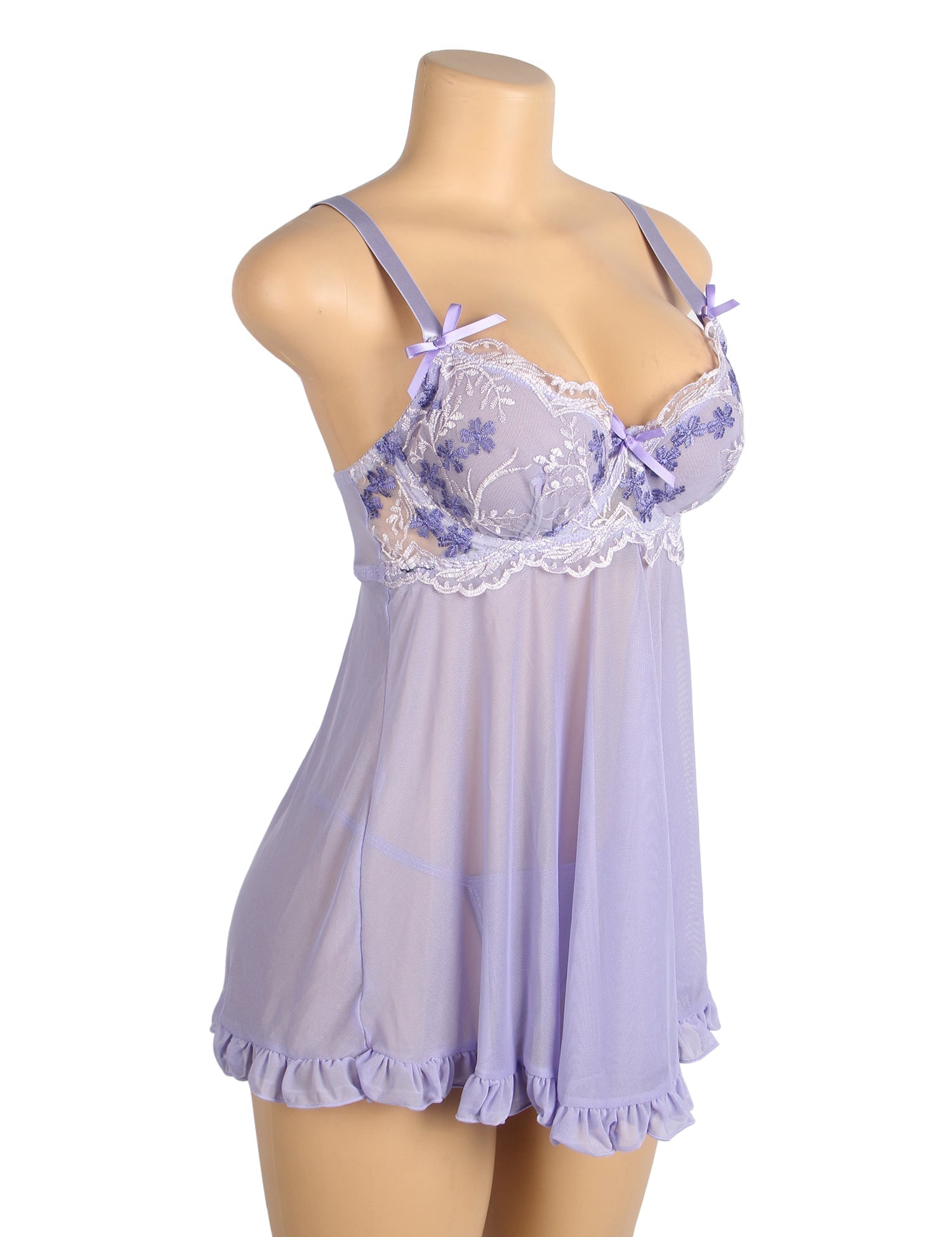 Purple Mesh Babydoll with 3D Floral Embroidery, Bow Accent, Ruffled Hem, Self - Lifting Bust & T - Pants Set - TeaseFashion