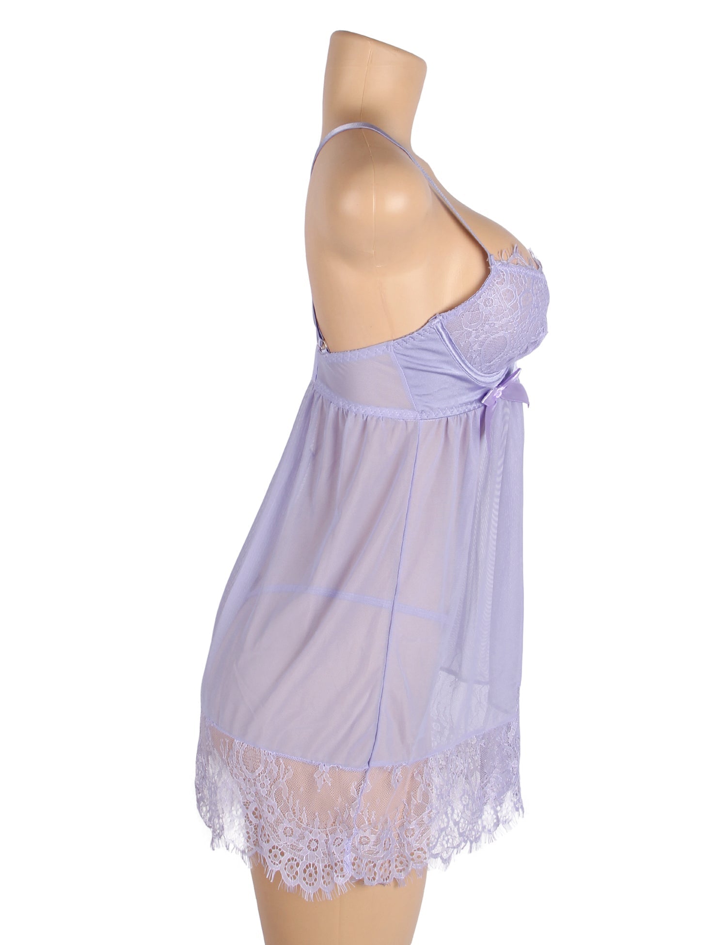 Purple Mesh Babydoll with Underwire & Padding, Cross - Back, Eyelash Lace Chest & Hem, Bust Bow & T - Pants Set - TeaseFashion