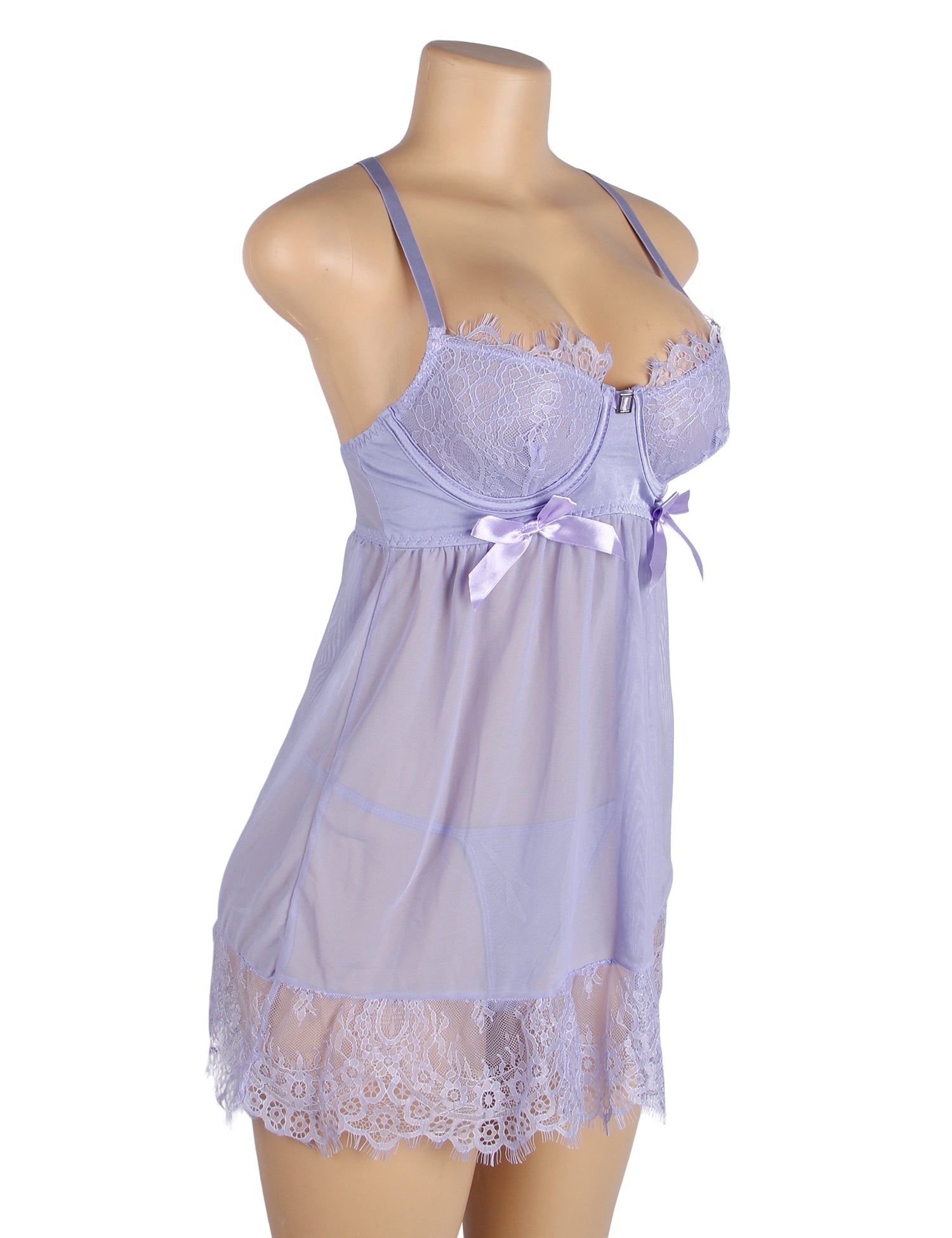 Purple Mesh Babydoll with Underwire & Padding, Cross - Back, Eyelash Lace Chest & Hem, Bust Bow & T - Pants Set - TeaseFashion