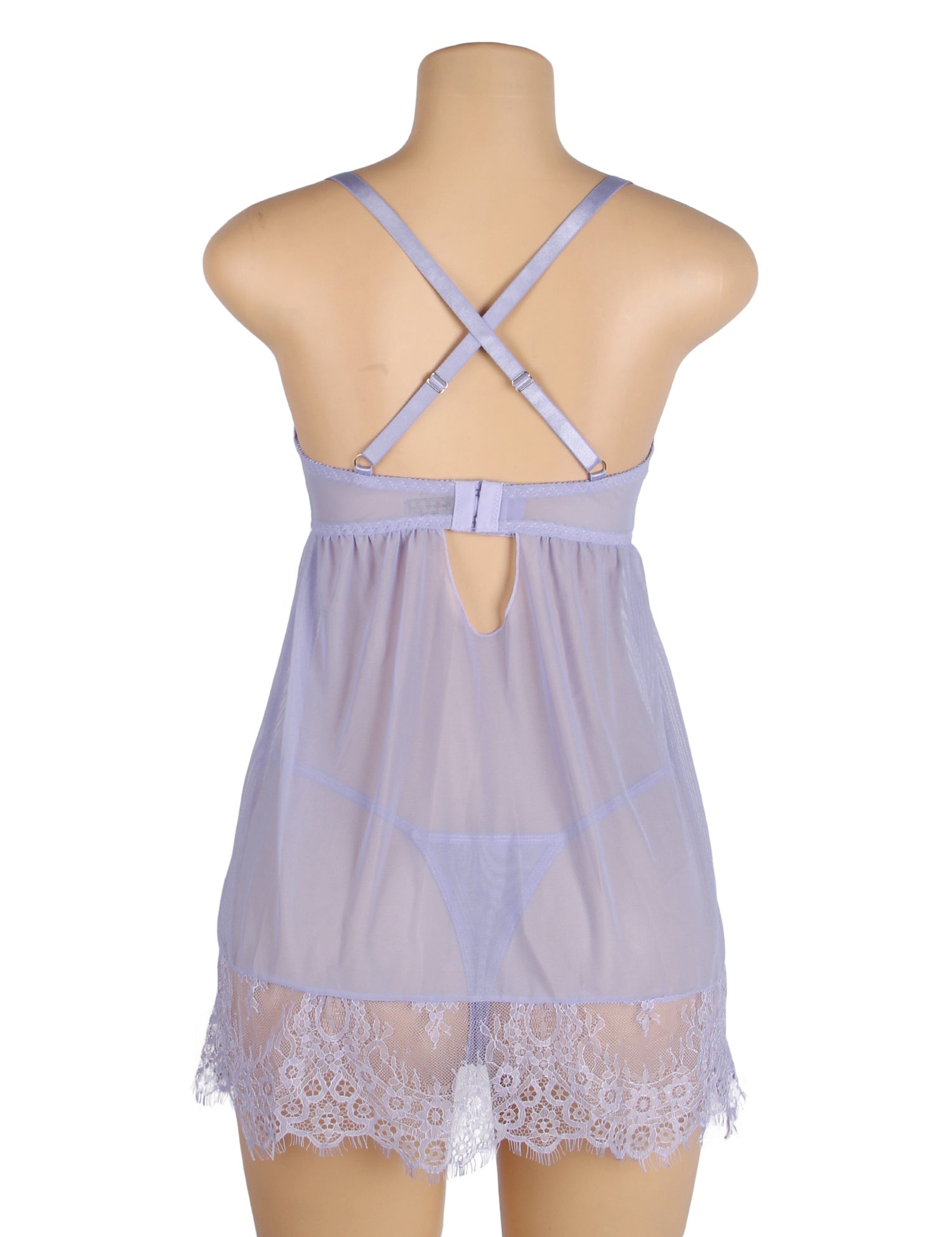 Purple Mesh Babydoll with Underwire & Padding, Cross - Back, Eyelash Lace Chest & Hem, Bust Bow & T - Pants Set - TeaseFashion