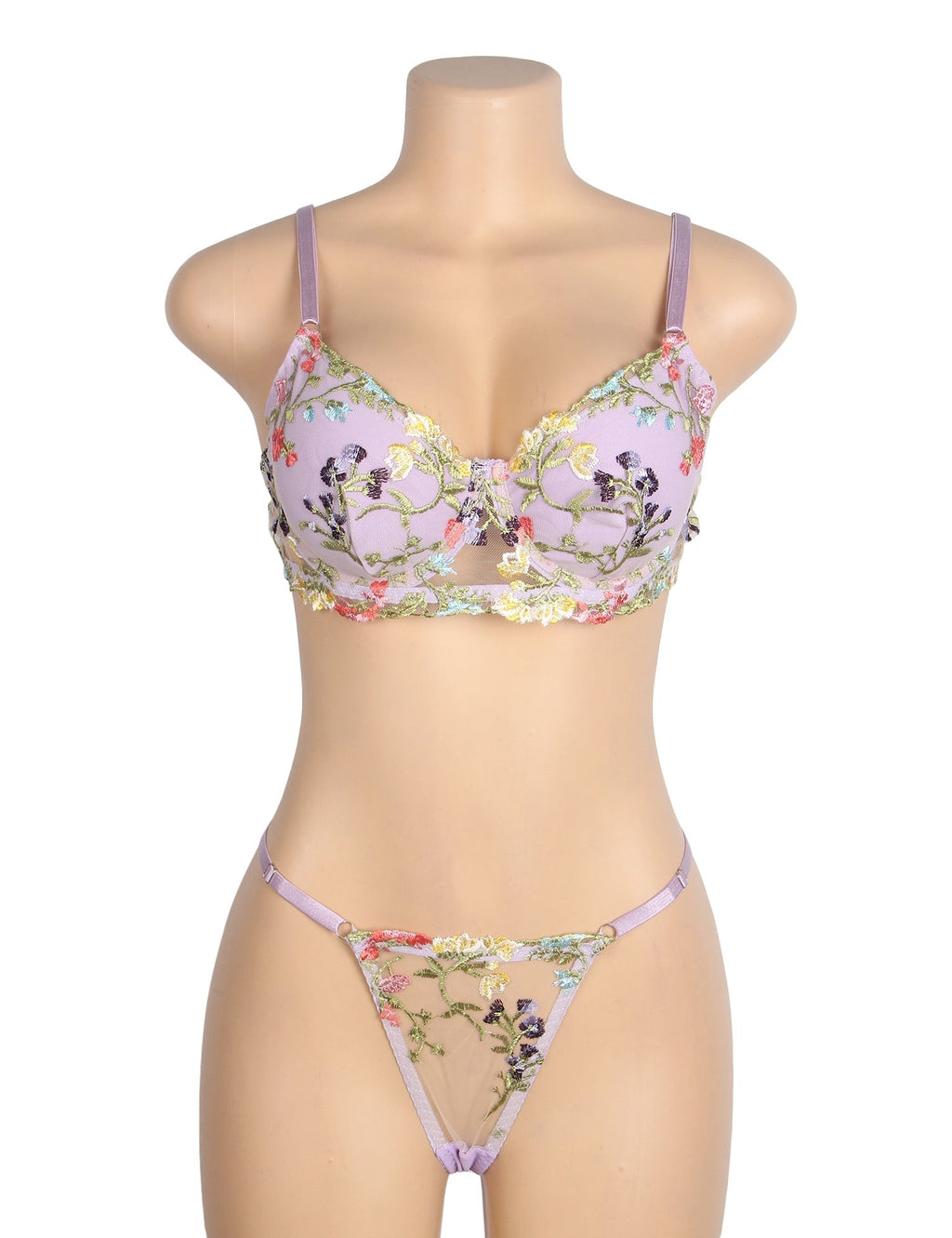 Purple Mesh Floral Embroidery Bra Set – Underwire & Stretch Fit - TeaseFashion