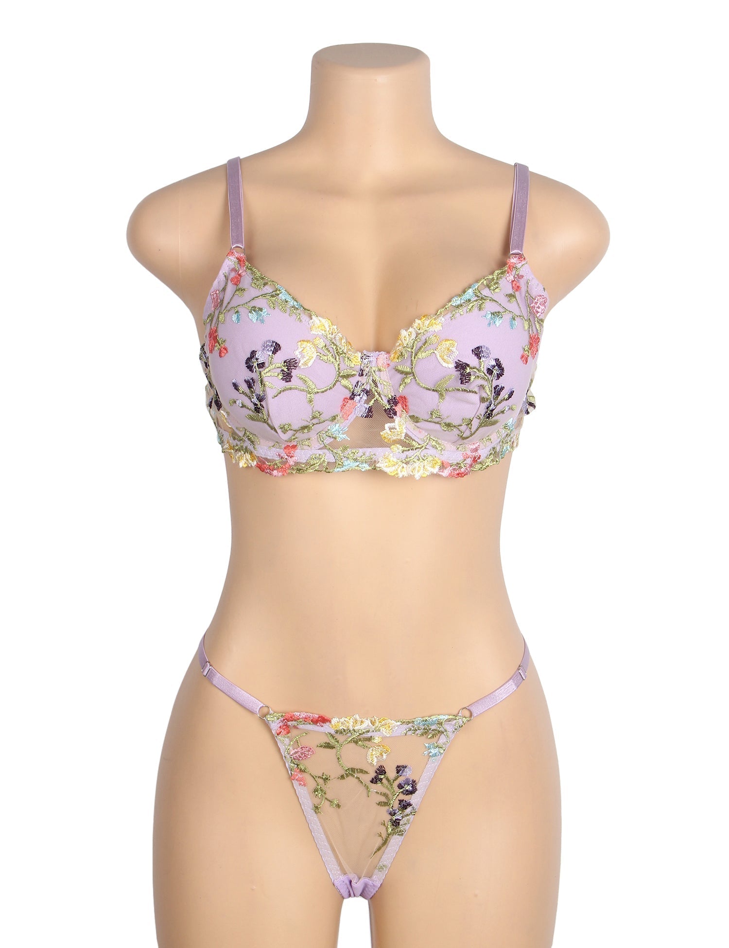 Purple Mesh Floral Embroidery Bra Set – Underwire & Stretch Fit - TeaseFashion