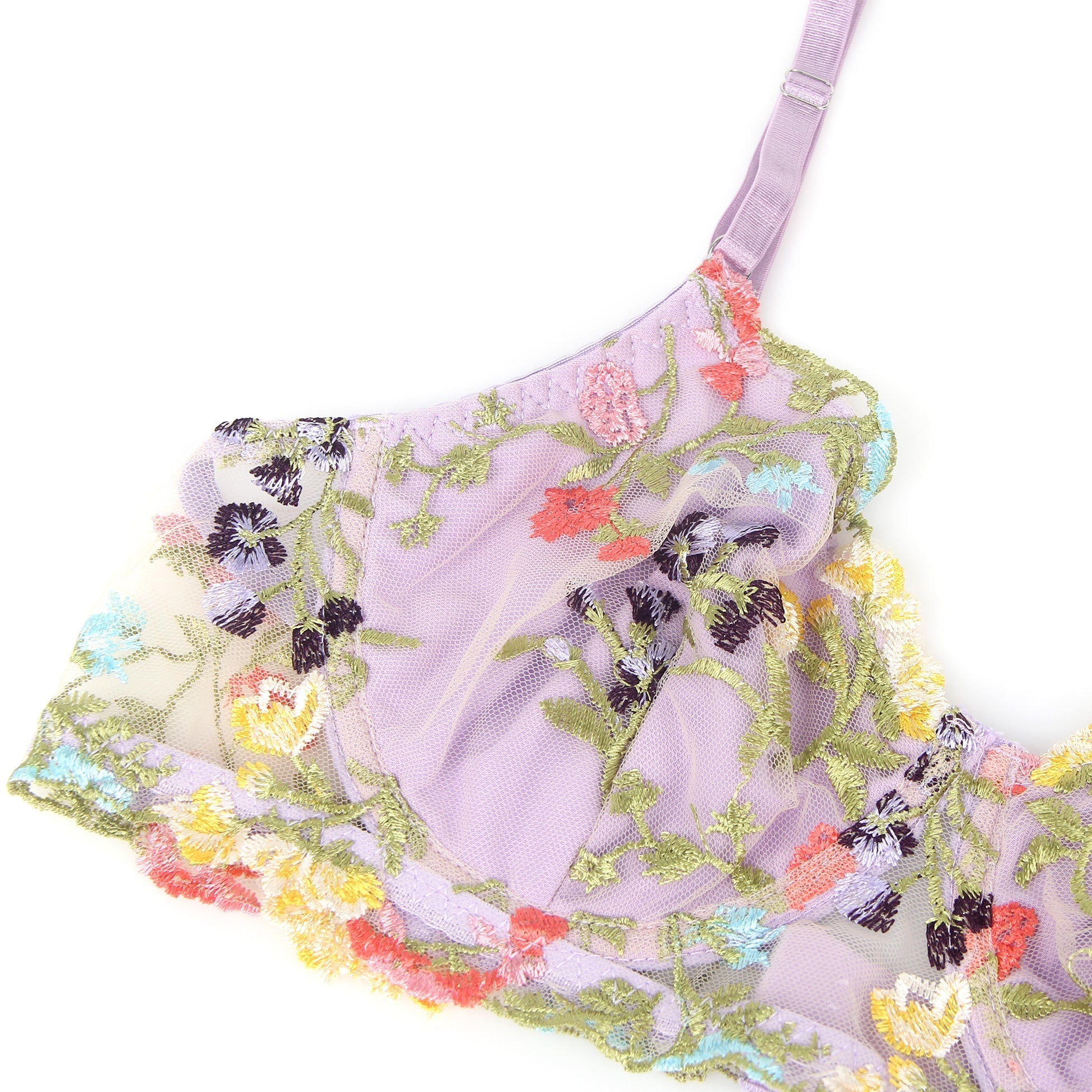 Purple Mesh Floral Embroidery Bra Set – Underwire & Stretch Fit - TeaseFashion