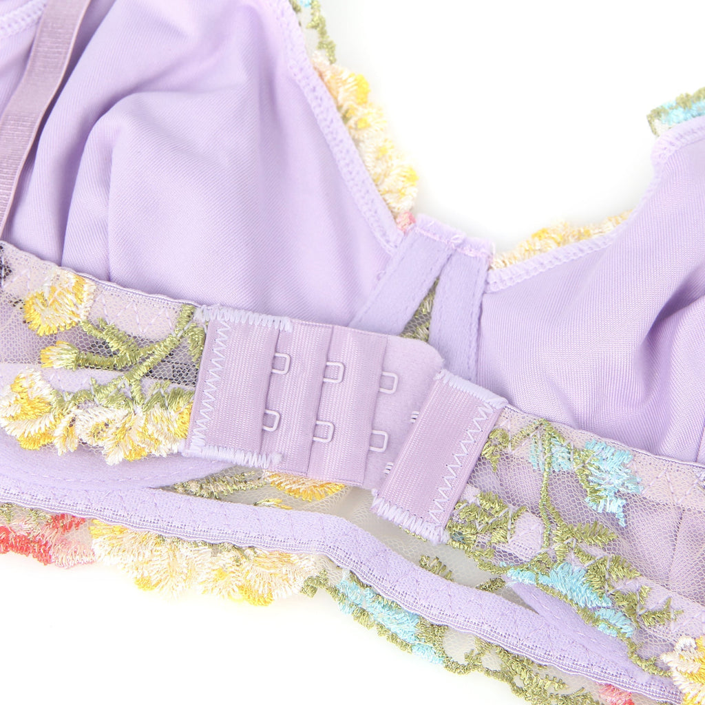 Purple Mesh Floral Embroidery Bra Set – Underwire & Stretch Fit - TeaseFashion