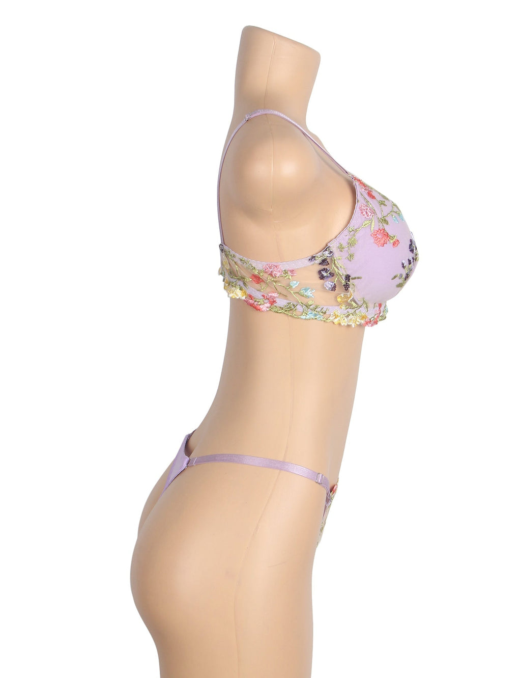Purple Mesh Floral Embroidery Bra Set – Underwire & Stretch Fit - TeaseFashion