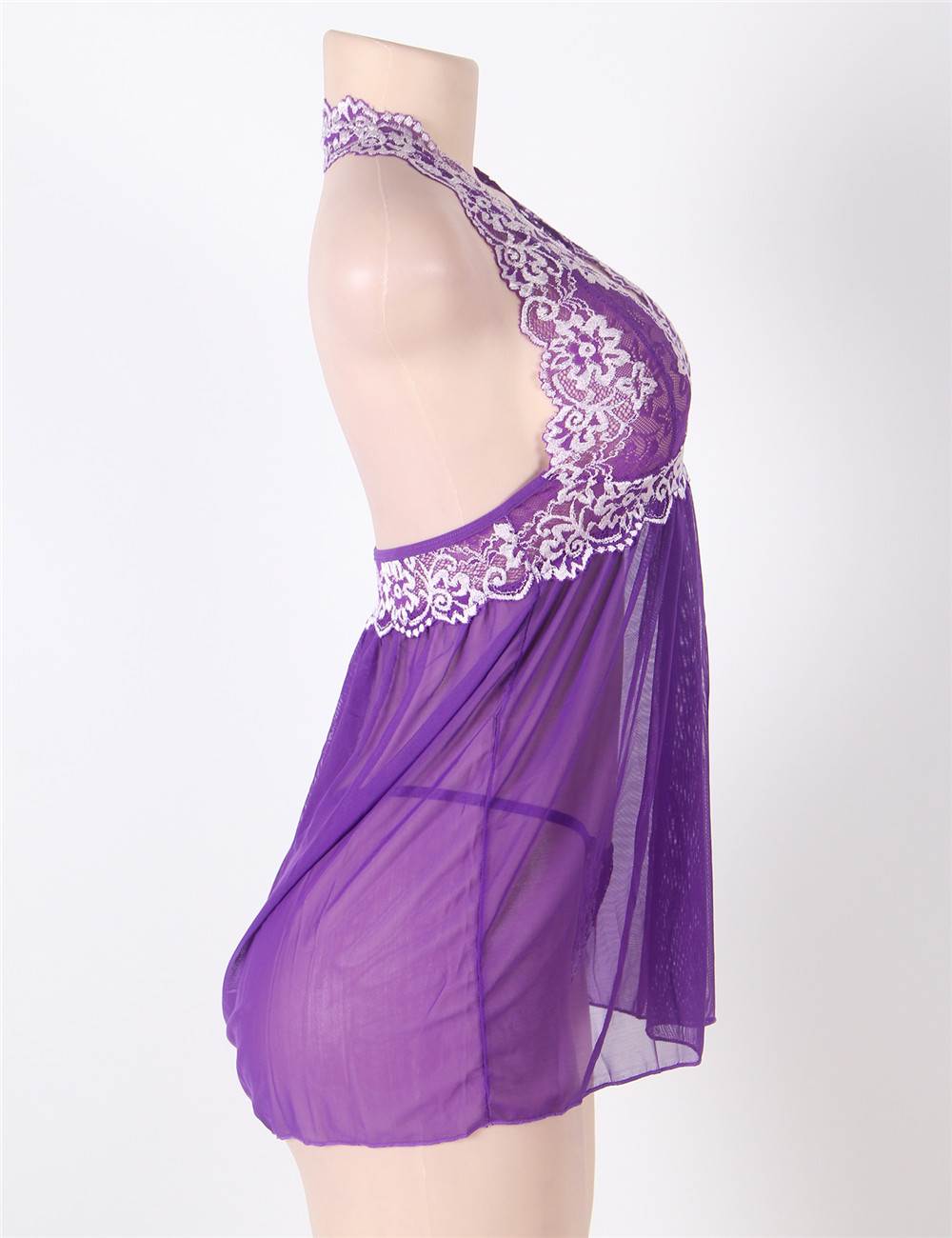 Purple Mesh Halter Babydoll – Double - Layer Lace Trim & Matching Thong - TeaseFashion