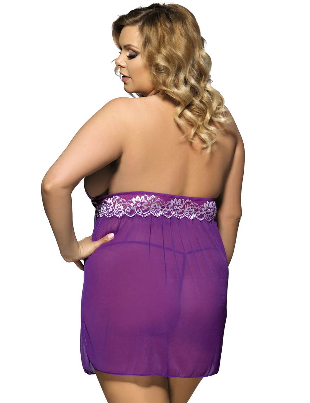 Purple Mesh Halter Babydoll – Double - Layer Lace Trim & Matching Thong - TeaseFashion