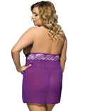 Purple Mesh Halter Babydoll – Double - Layer Lace Trim & Matching Thong - TeaseFashion