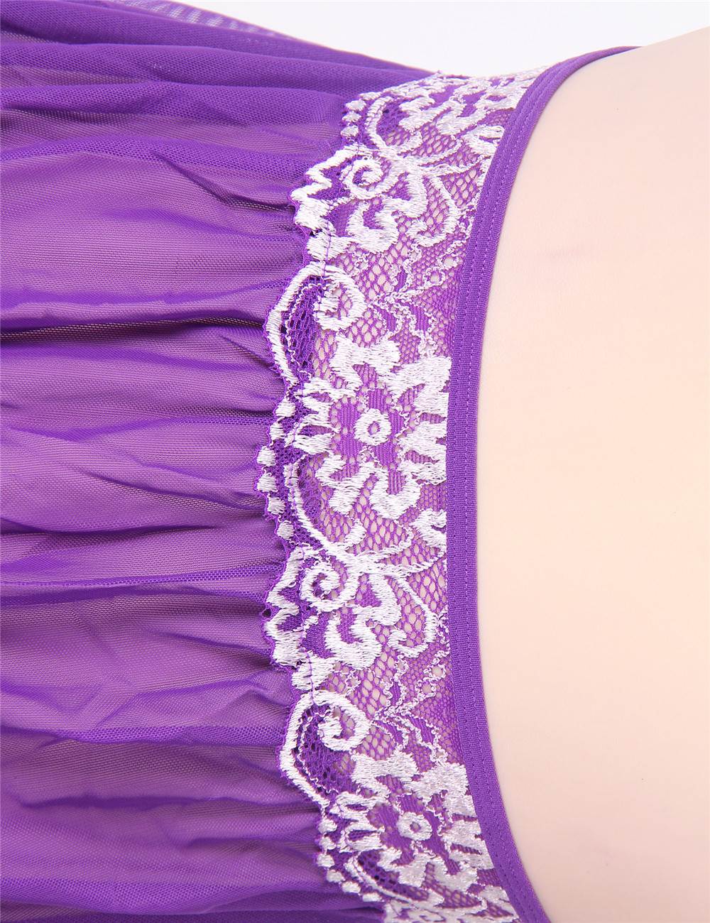 Purple Mesh Halter Babydoll – Double - Layer Lace Trim & Matching Thong - TeaseFashion
