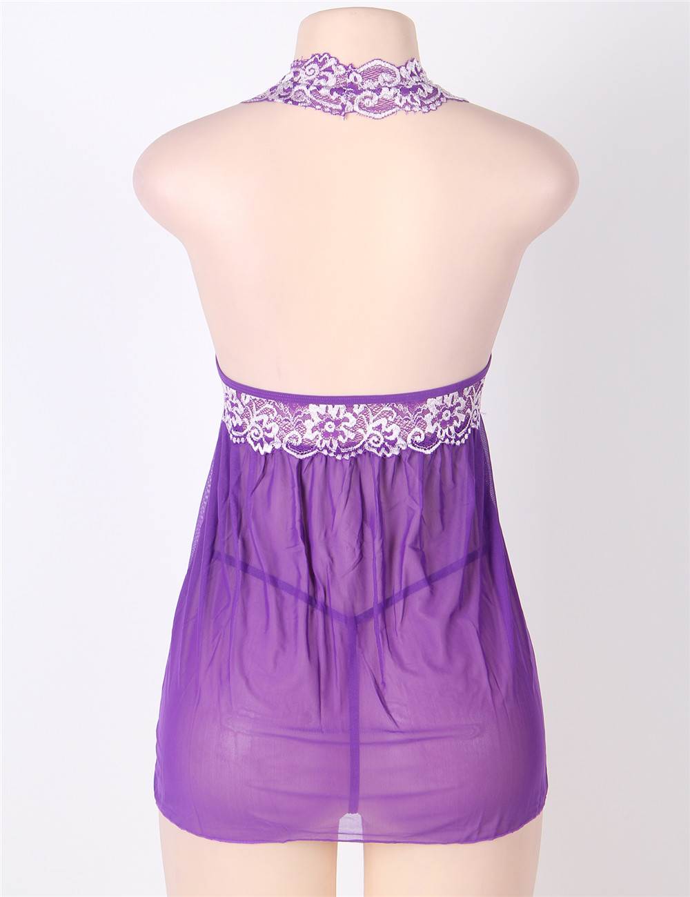 Purple Mesh Halter Babydoll – Double - Layer Lace Trim & Matching Thong - TeaseFashion