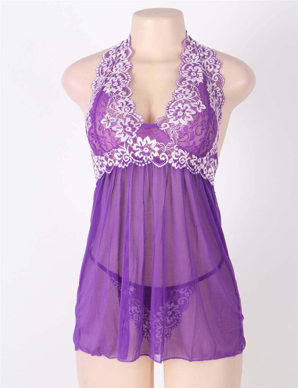 Purple Mesh Halter Babydoll – Double - Layer Lace Trim & Matching Thong - TeaseFashion