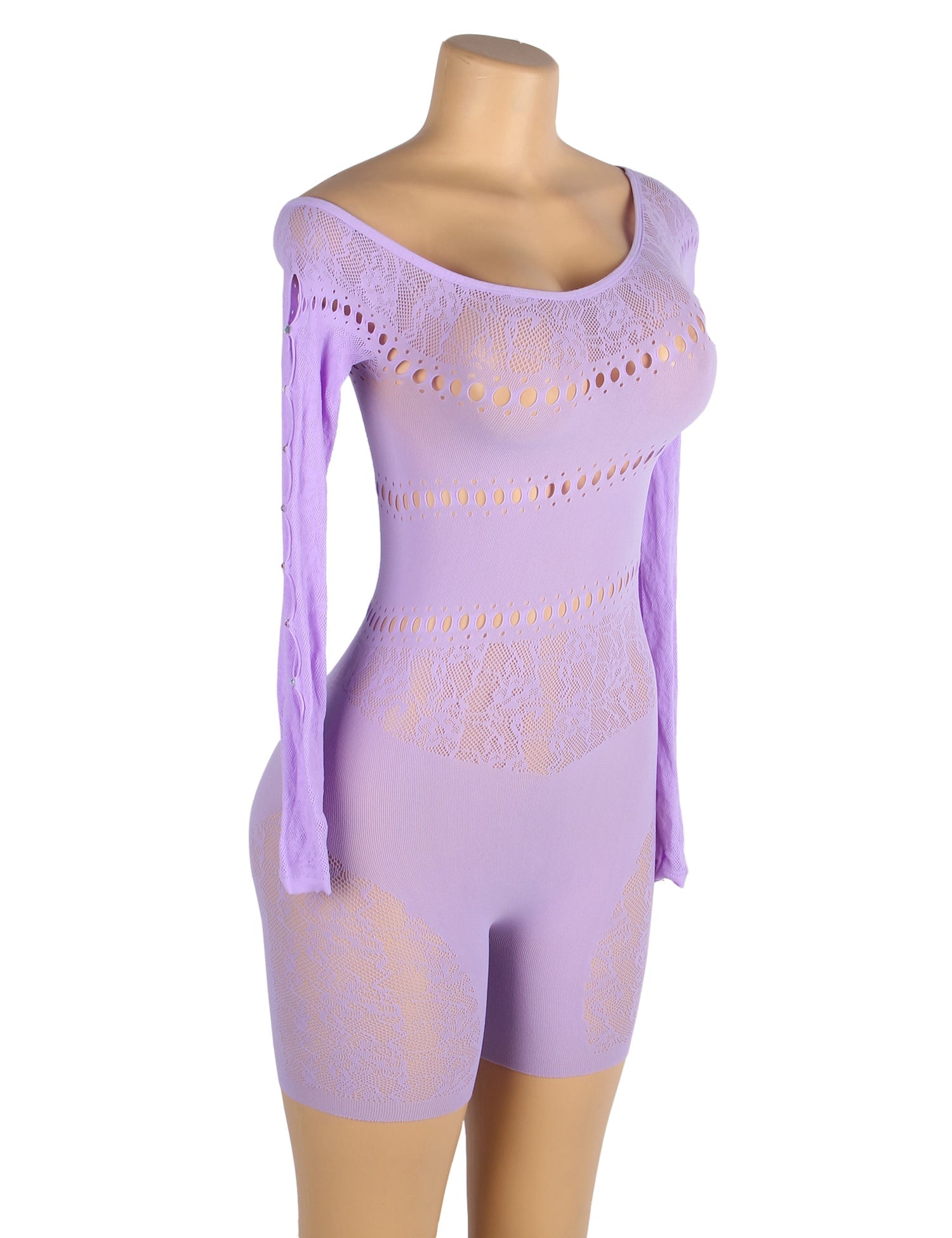 Purple One - Shoulder Rhinestone Hollow - Sleeve Patterned Bodystocking - TeaseFashion