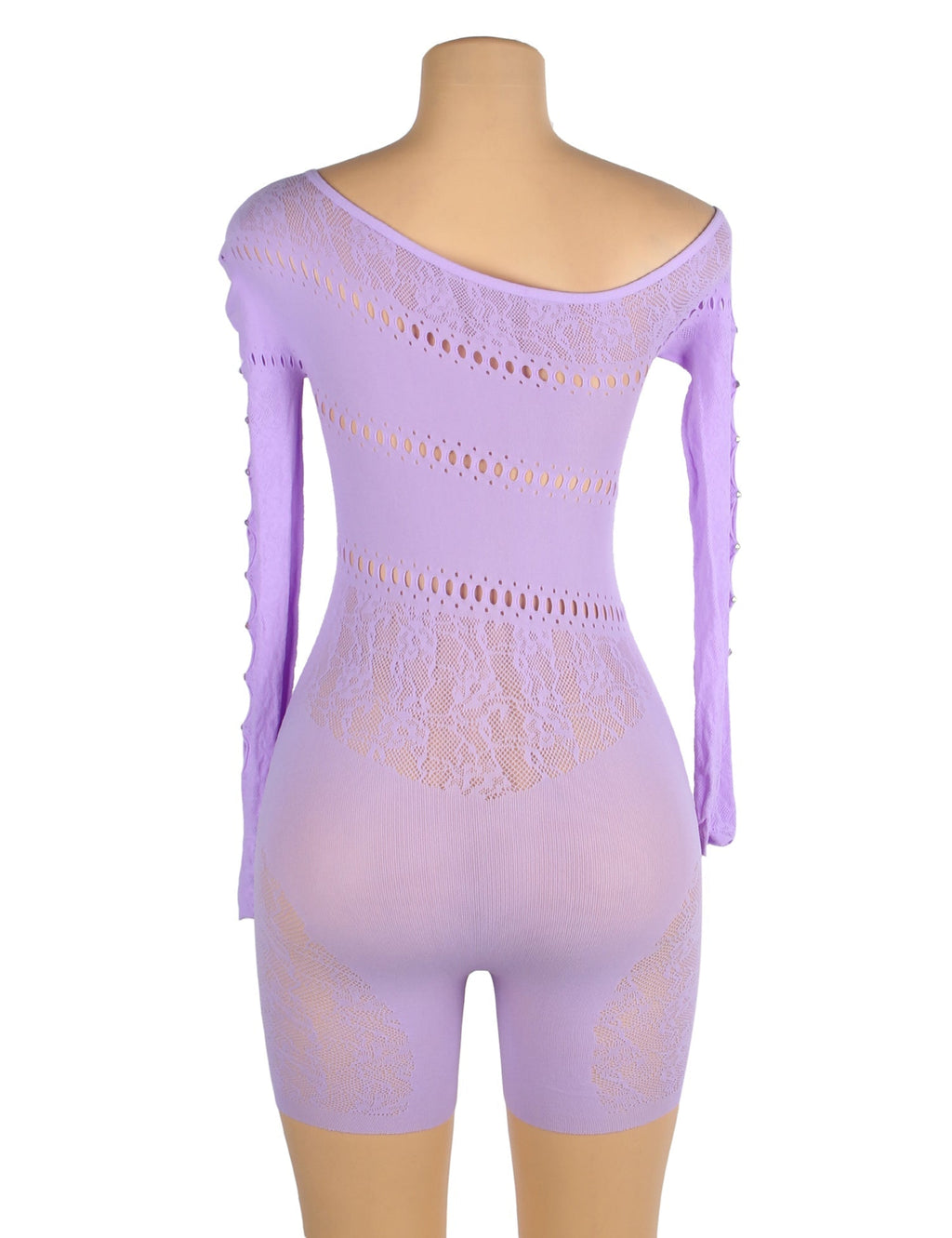 Purple One - Shoulder Rhinestone Hollow - Sleeve Patterned Bodystocking - TeaseFashion