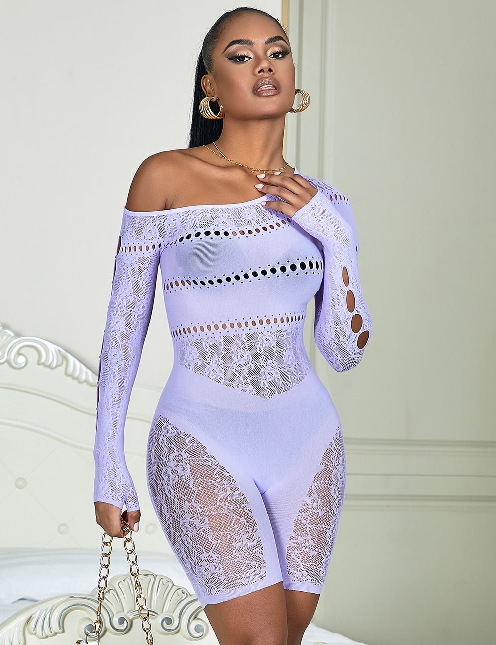 Purple One - Shoulder Rhinestone Hollow - Sleeve Patterned Bodystocking - TeaseFashion