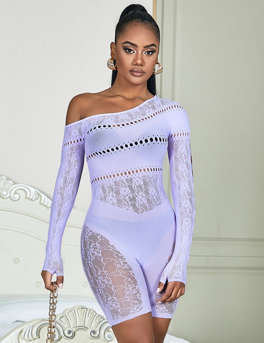 Purple One - Shoulder Rhinestone Hollow - Sleeve Patterned Bodystocking - TeaseFashion