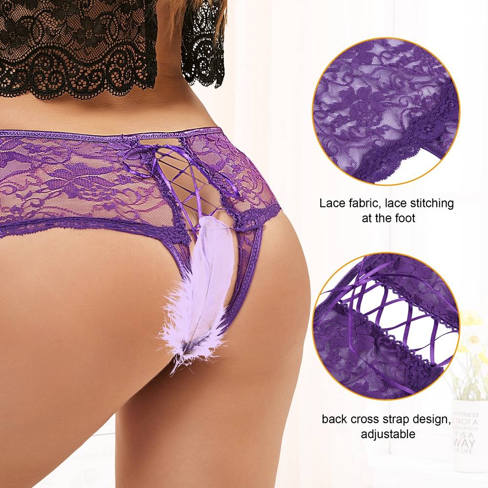 Purple Open Crotch Floral Lace Panty - TeaseFashion