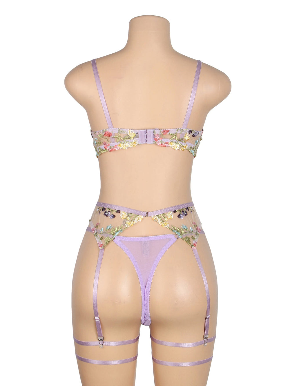 Purple Sexy Mesh Embroidery Floral Lace Bra Set with Garter Leg Rings - TeaseFashion