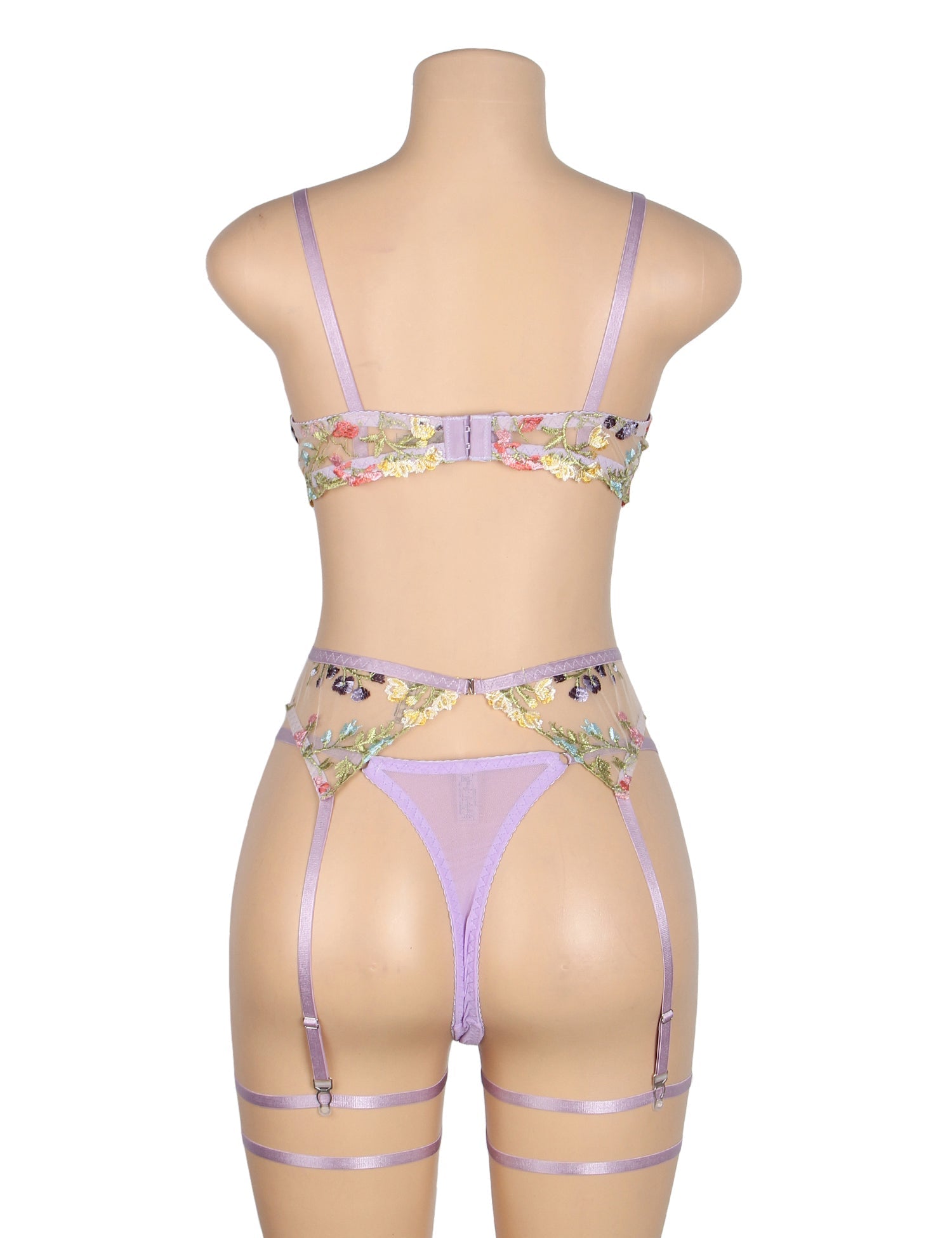 Purple Sexy Mesh Embroidery Floral Lace Bra Set with Garter Leg Rings - TeaseFashion