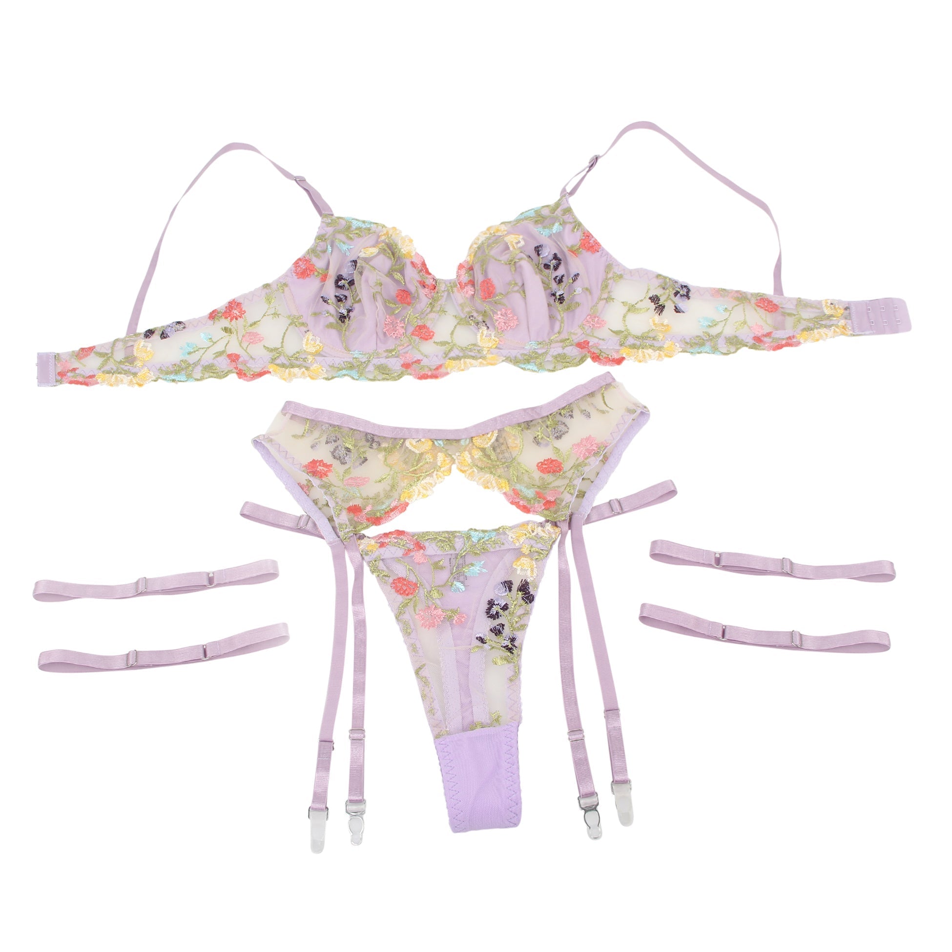 Purple Sexy Mesh Embroidery Floral Lace Bra Set with Garter Leg Rings - TeaseFashion