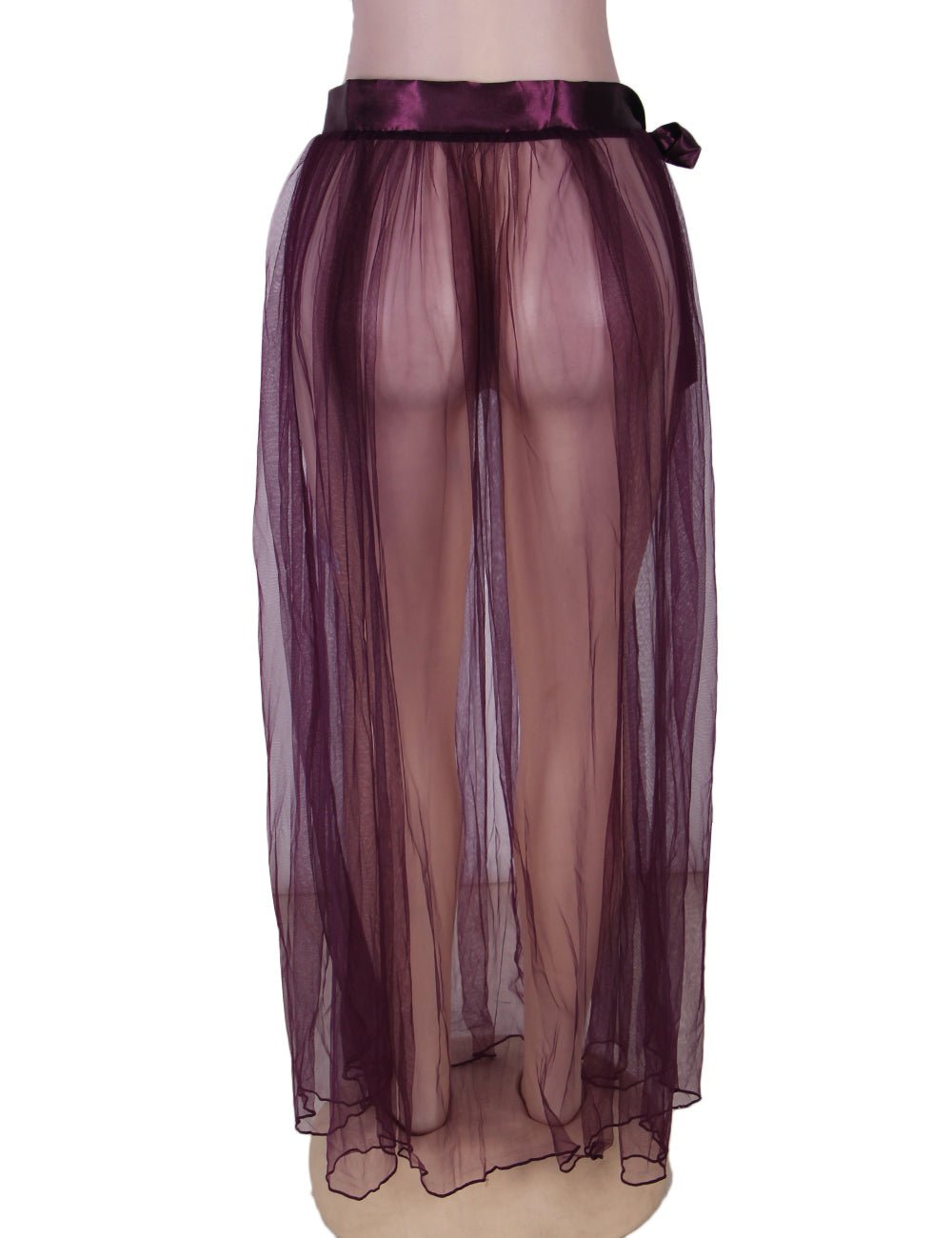 Purple Sheer Mesh One - Piece with Transparent Skirt & Faux Silk Adjustable Waist - TeaseFashion