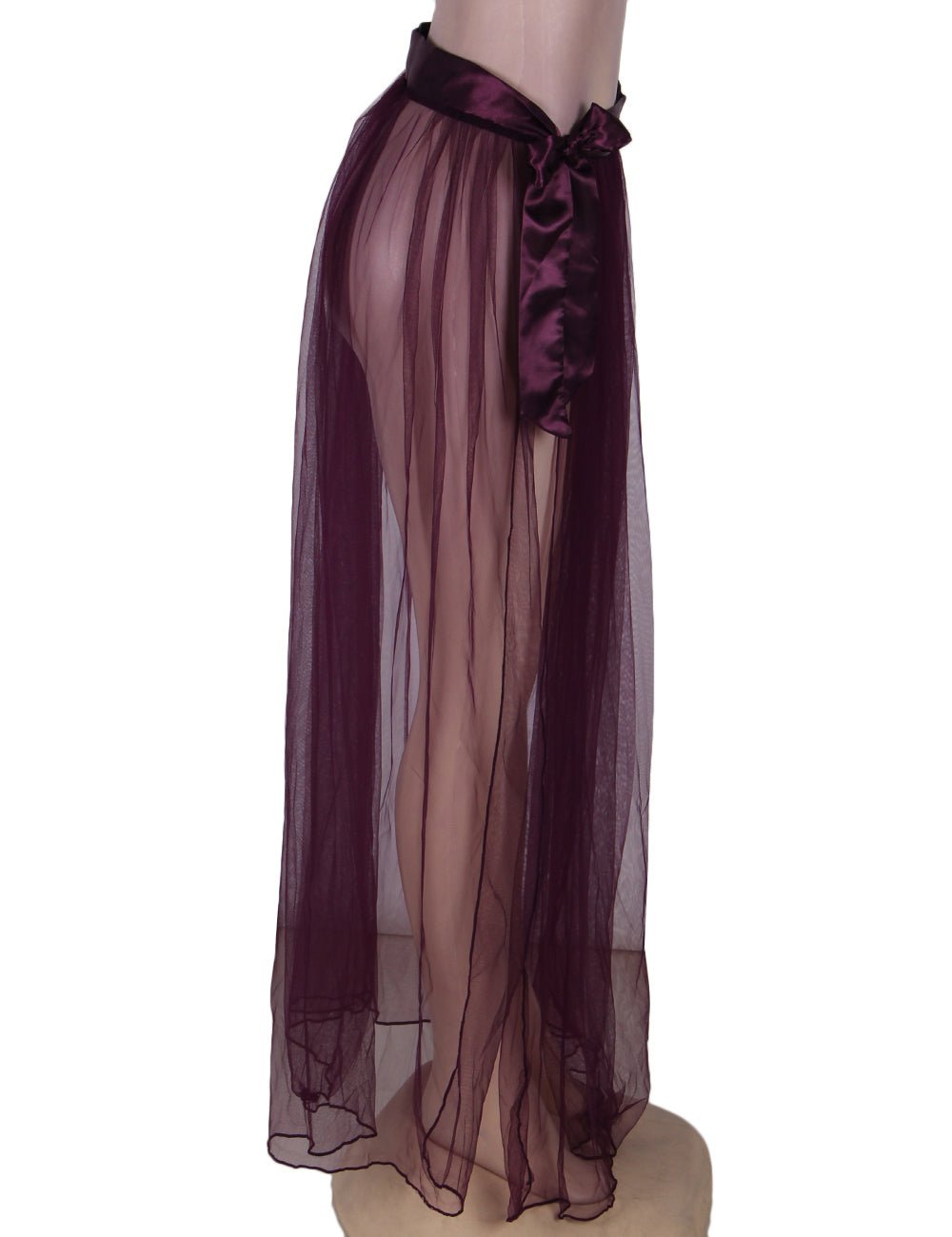 Purple Sheer Mesh One - Piece with Transparent Skirt & Faux Silk Adjustable Waist - TeaseFashion