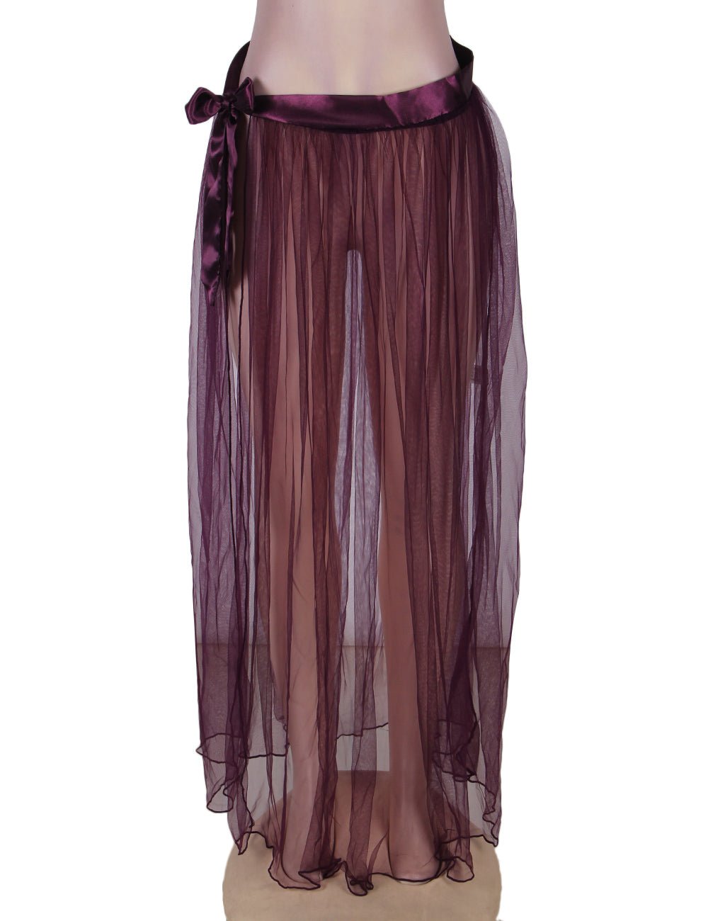 Purple Sheer Mesh One - Piece with Transparent Skirt & Faux Silk Adjustable Waist - TeaseFashion
