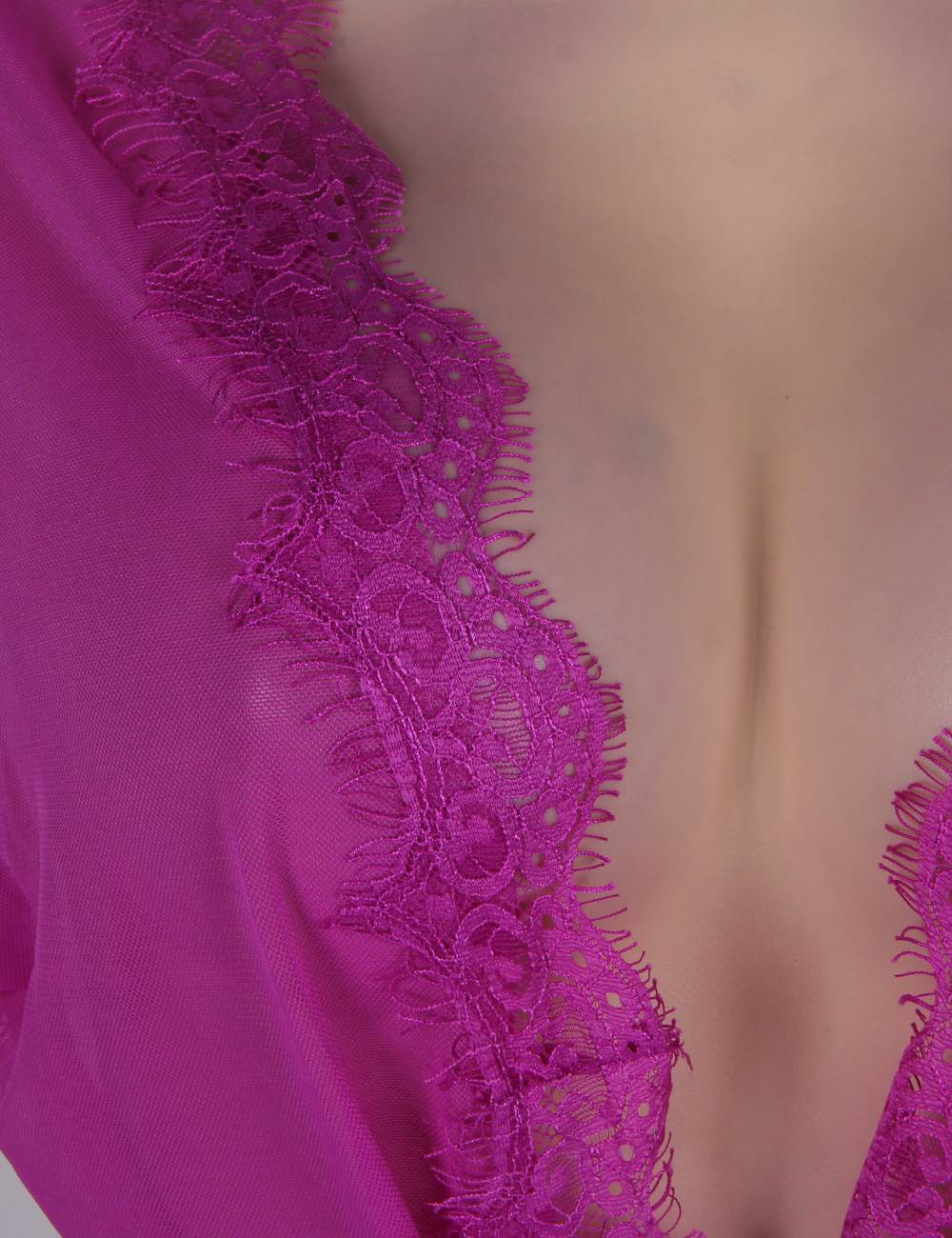 Purple Sheer Mesh Robe – Eyelash Lace Trim, Satin Belt & Thong Set - TeaseFashion