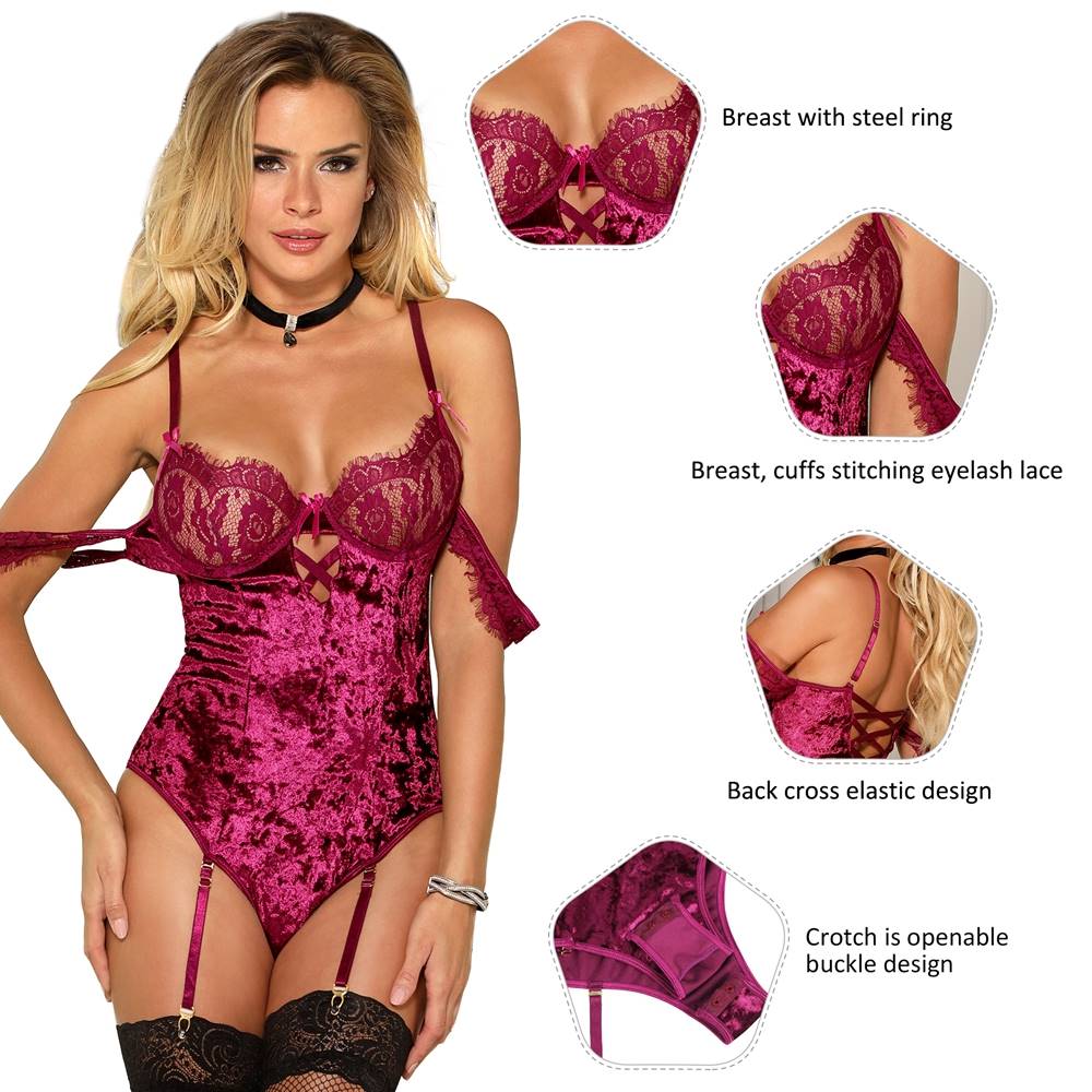 Purple Velvet Teddy with Eyelash Lace Sleeves & Garter - TeaseFashion