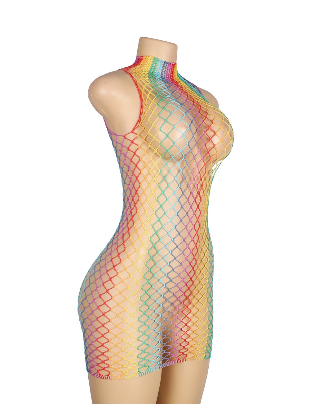 Rainbow Colorful High Collar Sleeveless Fishnet Bodystocking - TeaseFashion