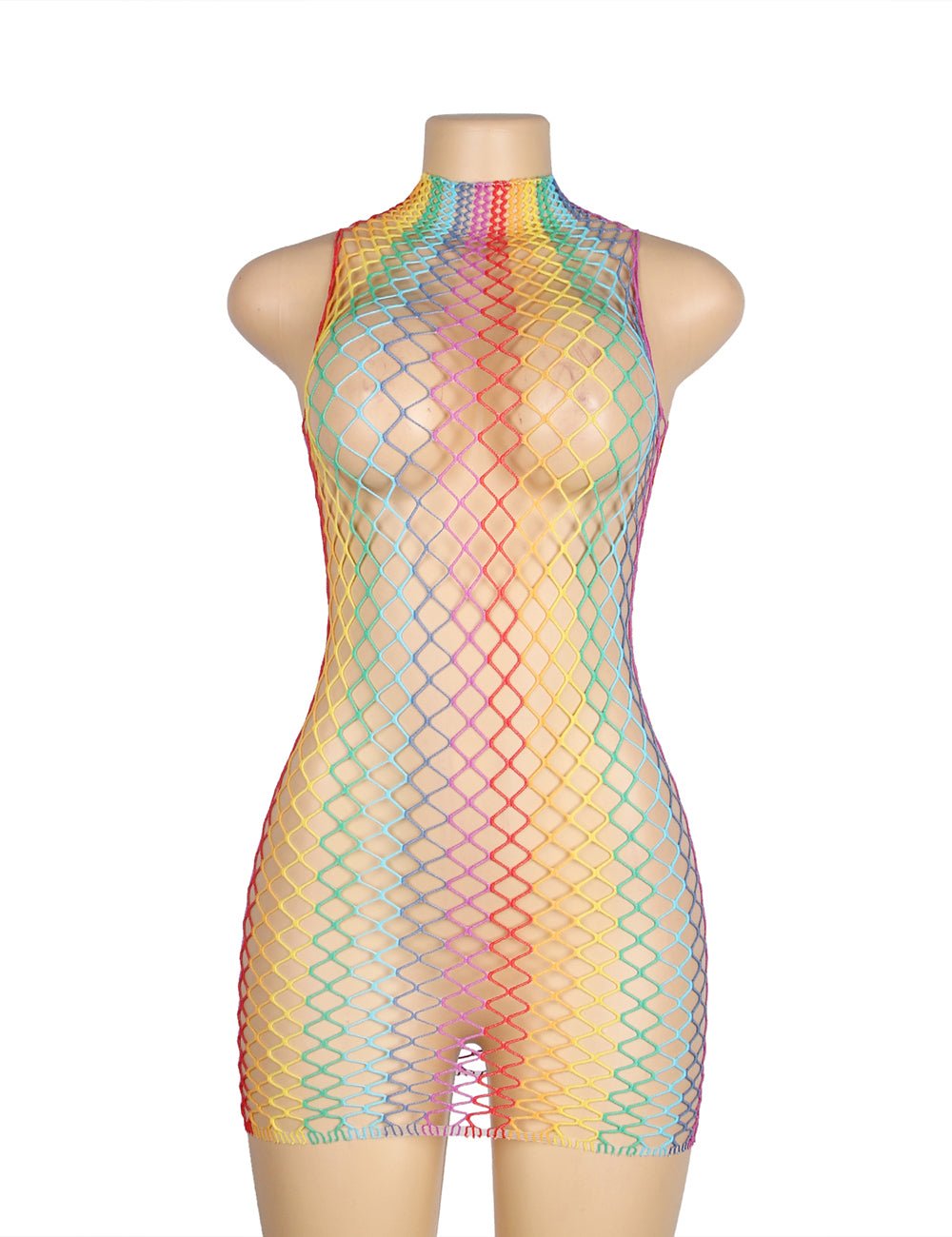 Rainbow Colorful High Collar Sleeveless Fishnet Bodystocking - TeaseFashion