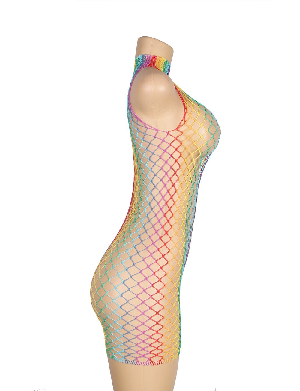 Rainbow Colorful High Collar Sleeveless Fishnet Bodystocking - TeaseFashion