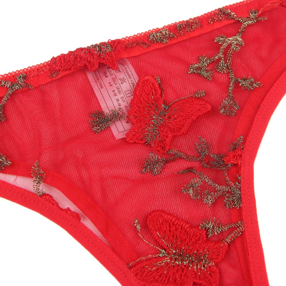 Red 3D Embroidery Mesh Underwired Crop Bra Set with Navel Cutout & Criss - Cross Panty - TeaseFashion