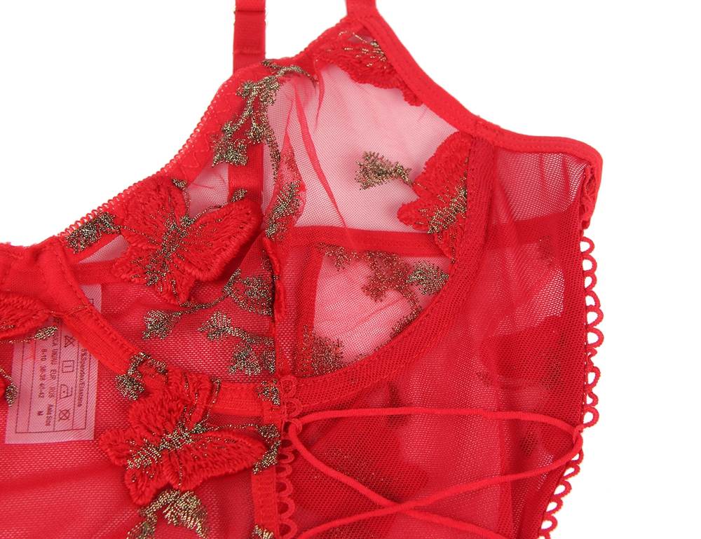 Red 3D Embroidery Mesh Underwired Crop Bra Set with Navel Cutout & Criss - Cross Panty - TeaseFashion