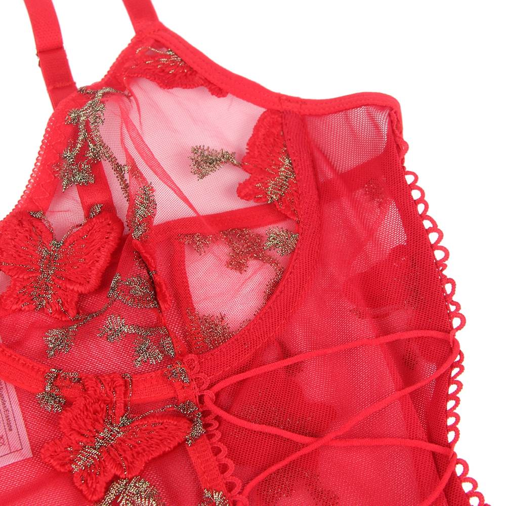 Red 3D Embroidery Mesh Underwired Crop Bra Set with Navel Cutout & Criss - Cross Panty - TeaseFashion