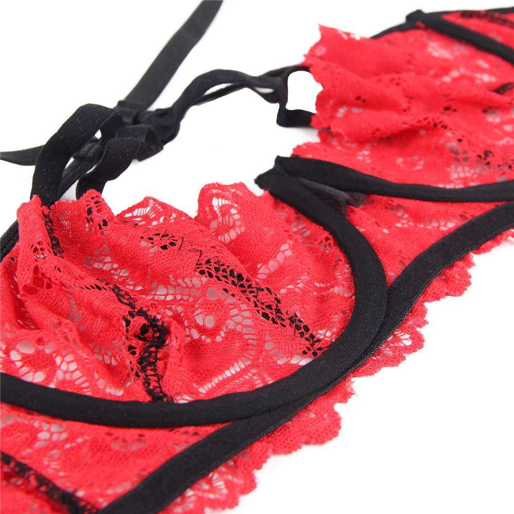 Red 3D Floral Lace Bra Set – Underwire, Metal Buckle Straps & Cut - Out Back Brief - TeaseFashion