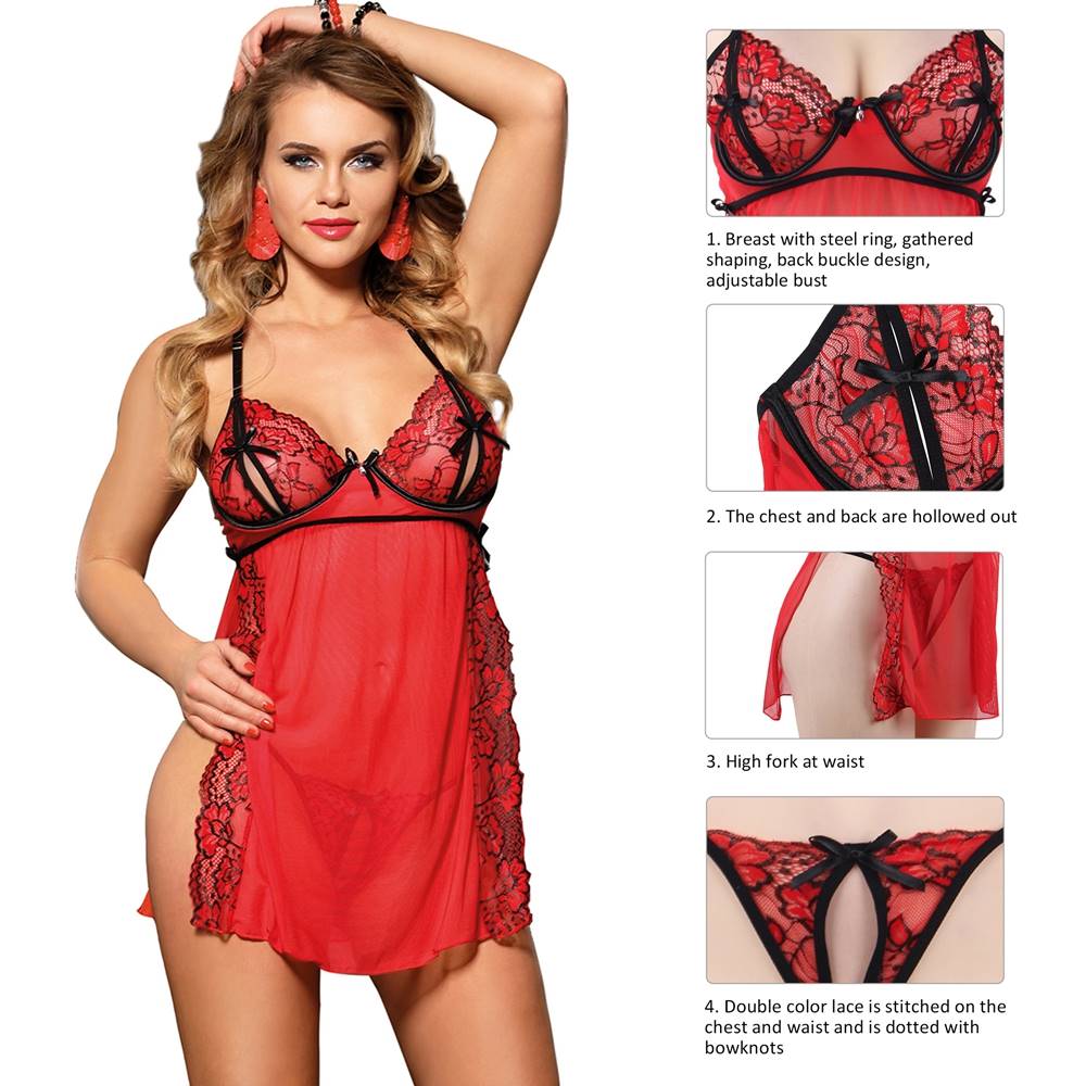 Red Butterfly Lace Underwired Halter Teddy with Cut - Outs, Waist Slit & Bow Detail - TeaseFashion