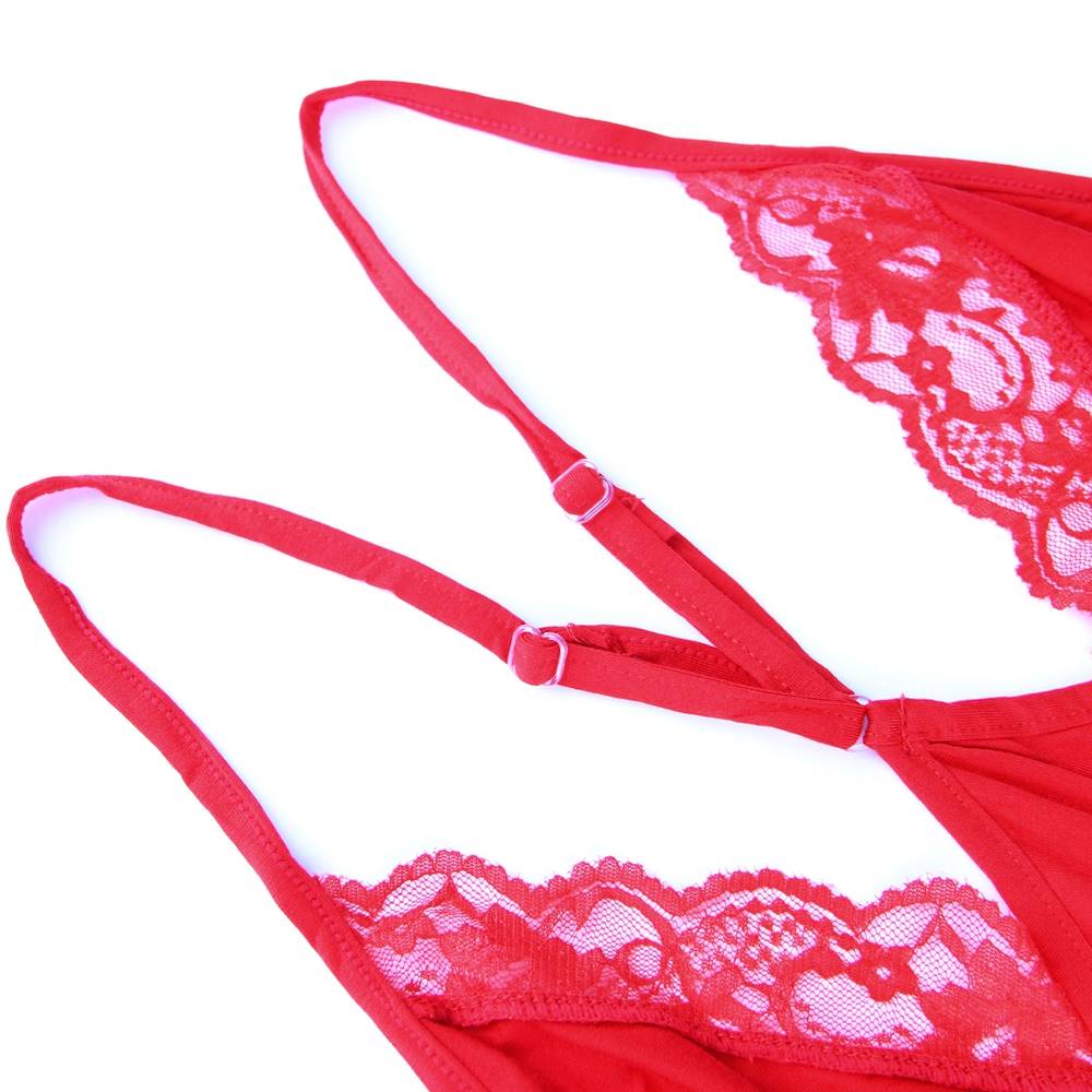 Red Deep V - Neck Lace - Finish Nightdress – Lace Waistband, Umbrella Skirt & Matching Panty Set - TeaseFashion