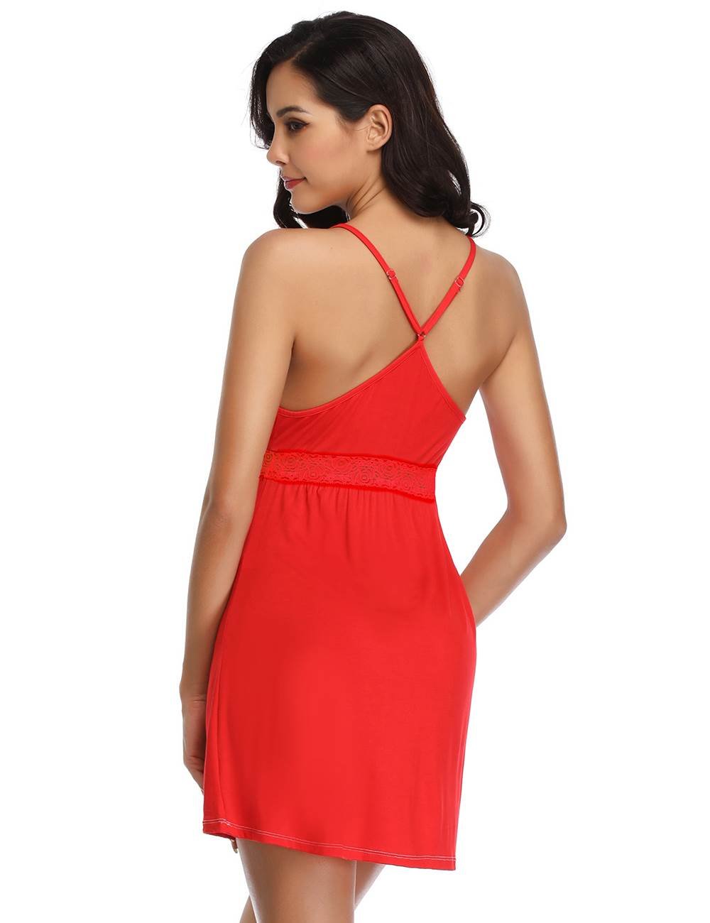 Red Deep V - Neck Lace - Finish Nightdress – Lace Waistband, Umbrella Skirt & Matching Panty Set - TeaseFashion