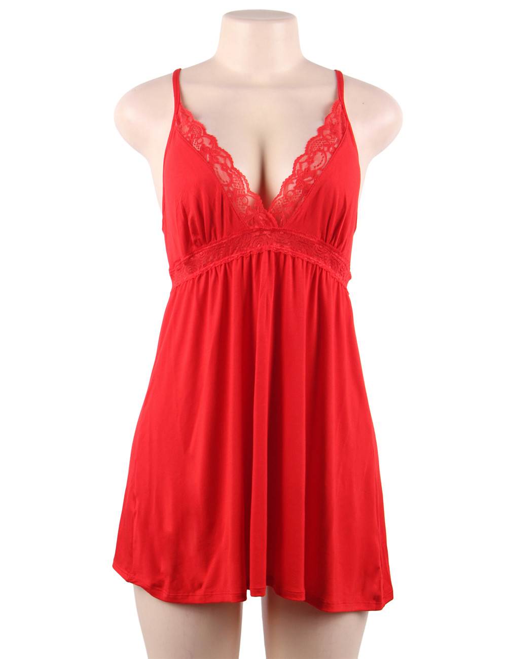 Red Deep V - Neck Lace - Finish Nightdress – Lace Waistband, Umbrella Skirt & Matching Panty Set - TeaseFashion