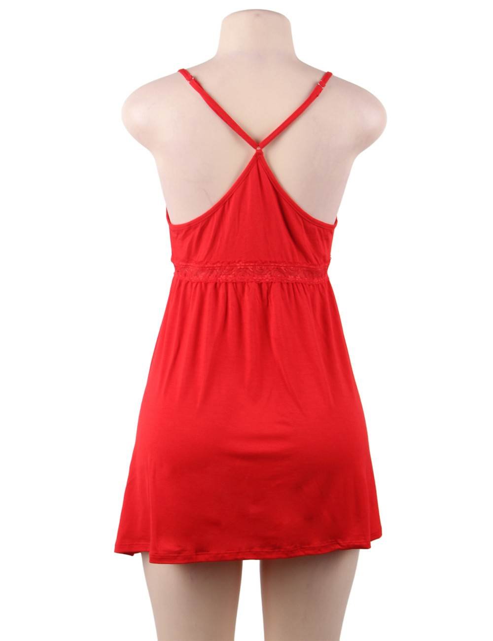 Red Deep V - Neck Lace - Finish Nightdress – Lace Waistband, Umbrella Skirt & Matching Panty Set - TeaseFashion