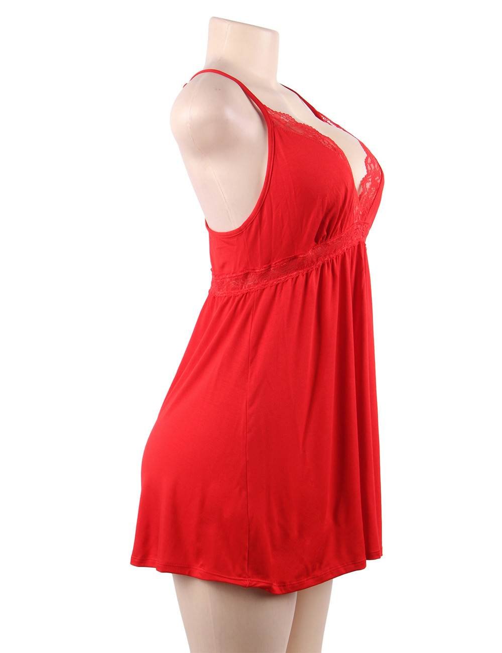 Red Deep V - Neck Lace - Finish Nightdress – Lace Waistband, Umbrella Skirt & Matching Panty Set - TeaseFashion