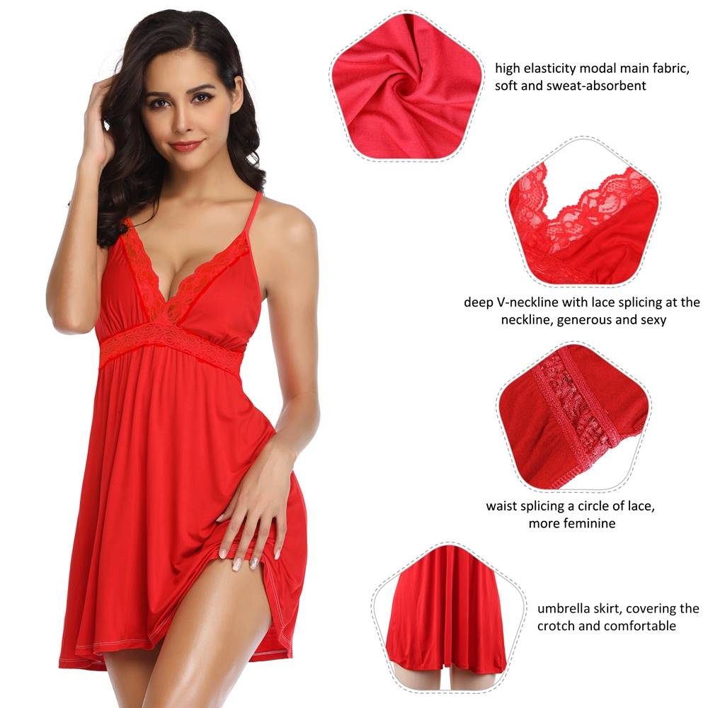 Red Deep V - Neck Lace - Finish Nightdress – Lace Waistband, Umbrella Skirt & Matching Panty Set - TeaseFashion