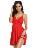 Red Deep V - Neck Lace - Finish Nightdress – Lace Waistband, Umbrella Skirt & Matching Panty Set - TeaseFashion