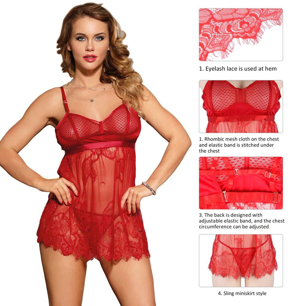 Red Diamond Mesh Suspender Babydoll with Eyelash Lace Hem & Thong Set - TeaseFashion