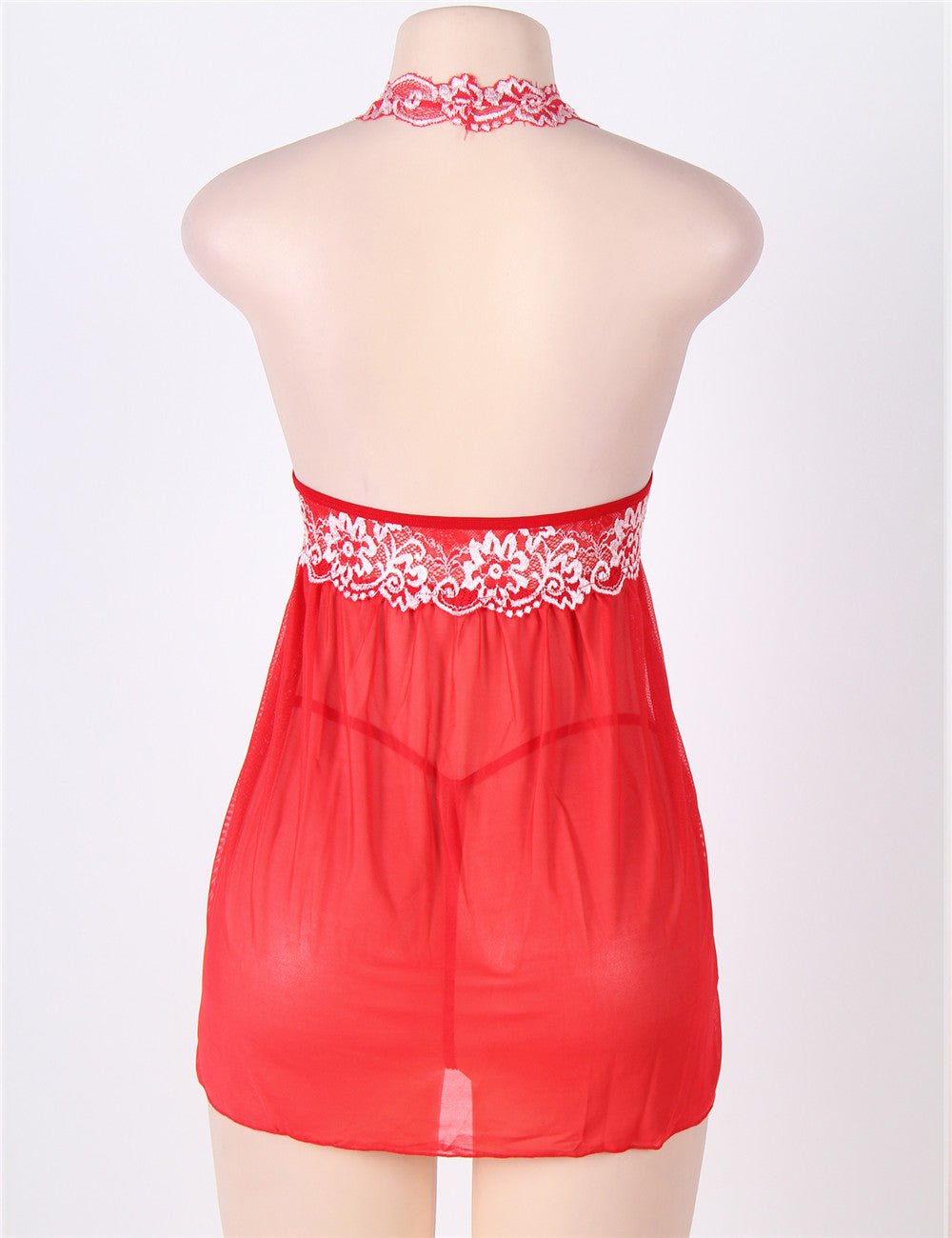 Red Double - Colour Lace - Trim Halter Mesh Babydoll & Thong Set - TeaseFashion
