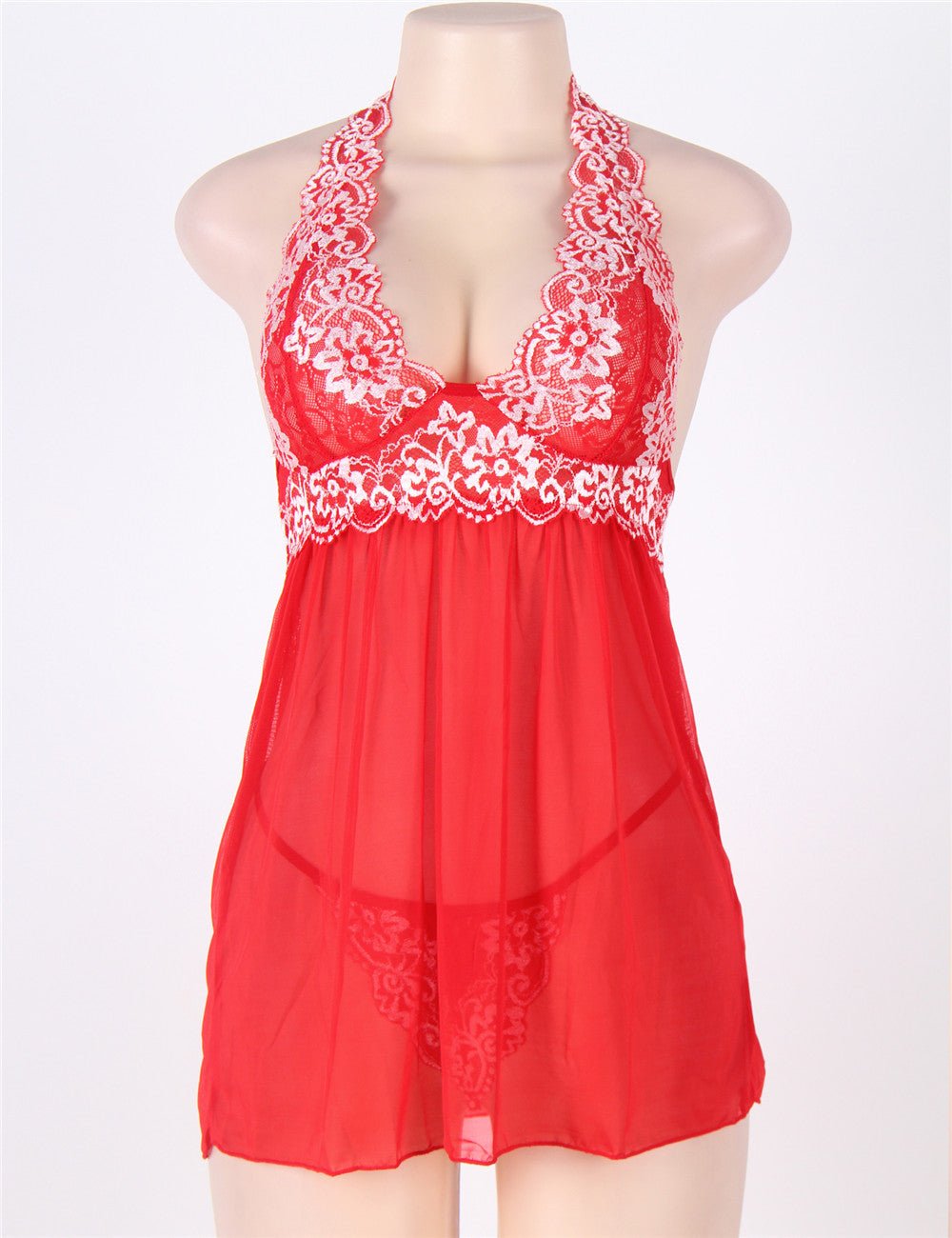Red Double - Colour Lace - Trim Halter Mesh Babydoll & Thong Set - TeaseFashion